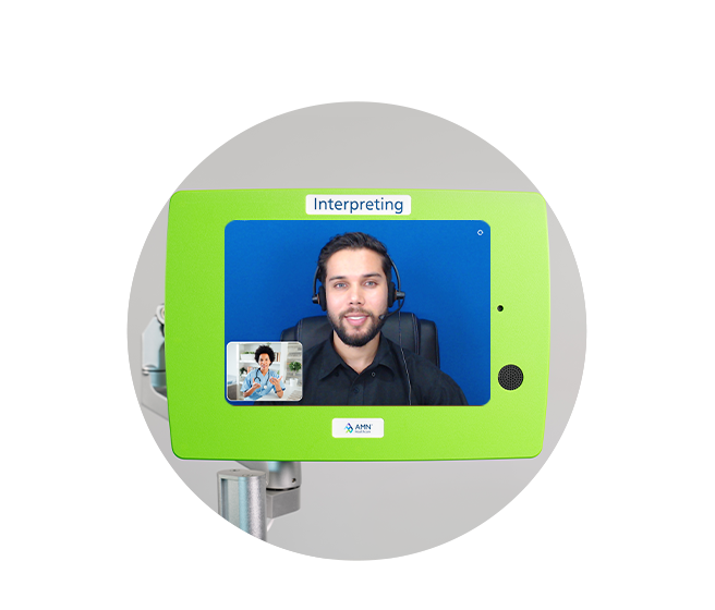 Language interpreter, male, teaching via tablet