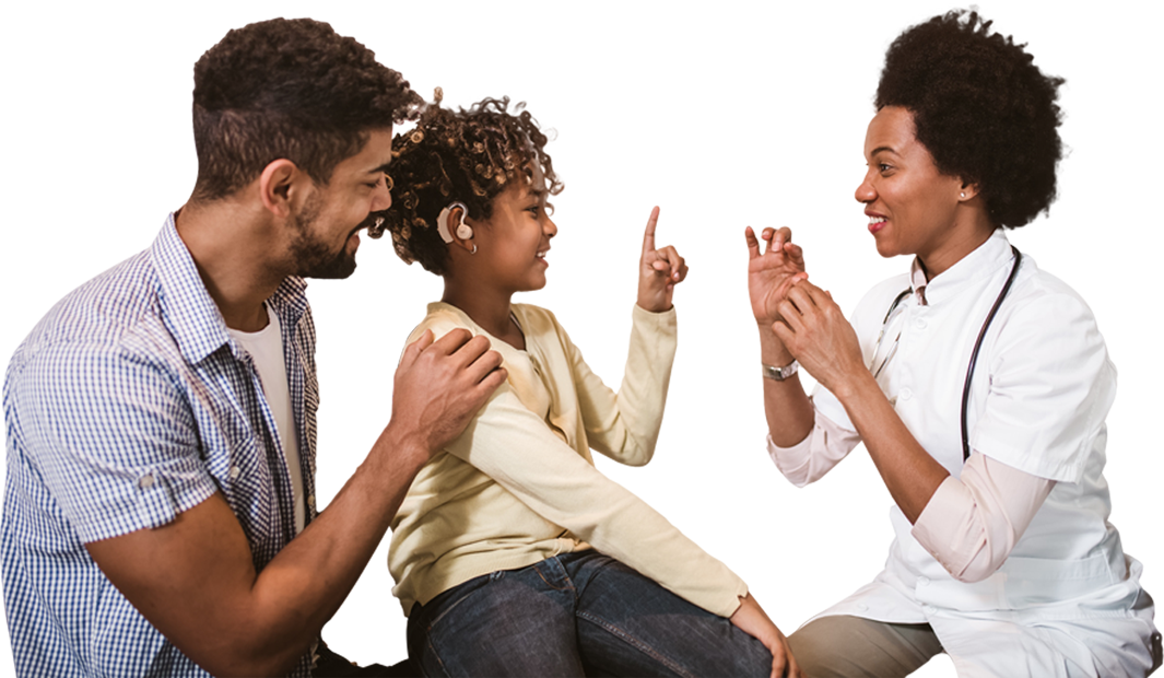 Female language interpreter communicating in sign language with male child