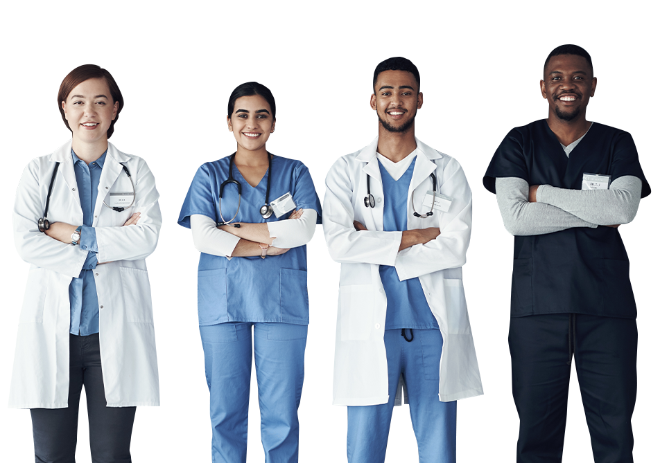 Medical staff lined up against wall