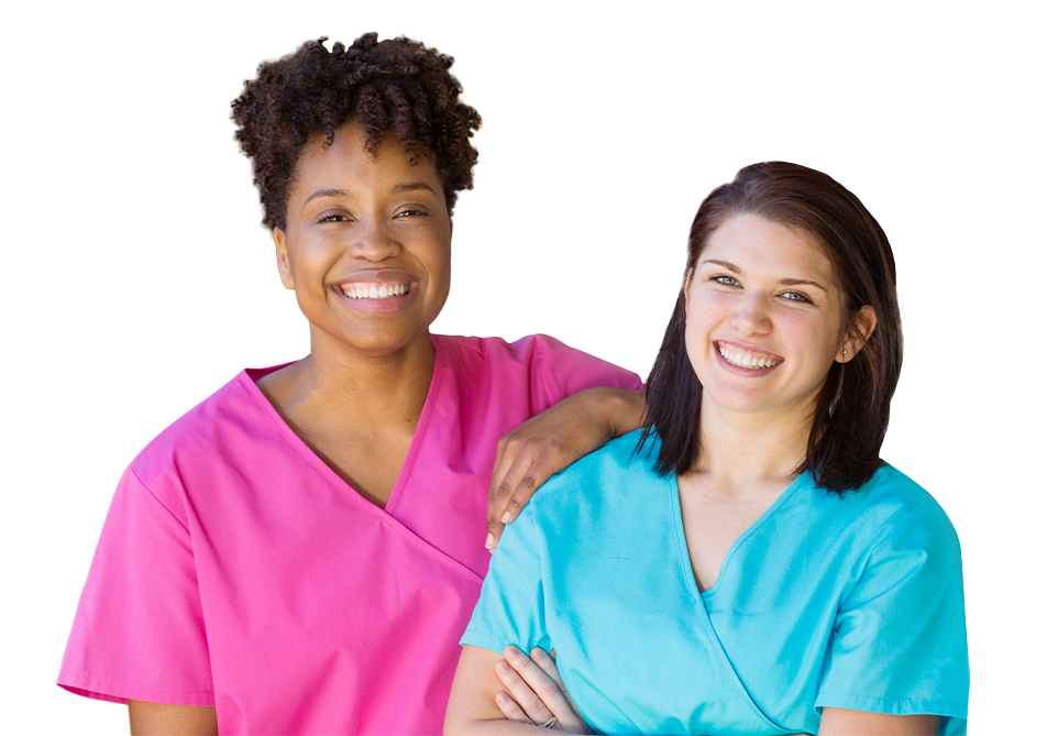 Two female nurses in scrubs