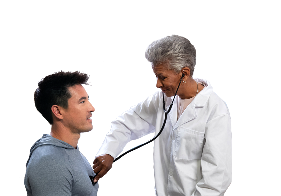 Female permanent physician listening to patient's heartbeat