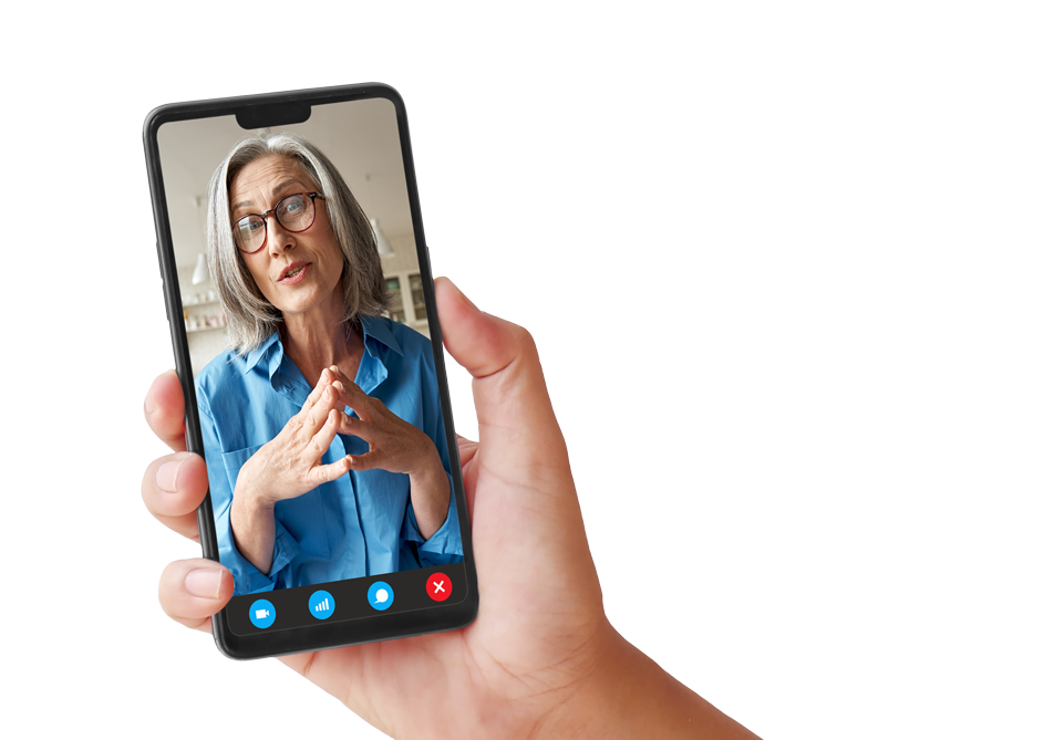 Hand holding phone with telehealth professional on-screen