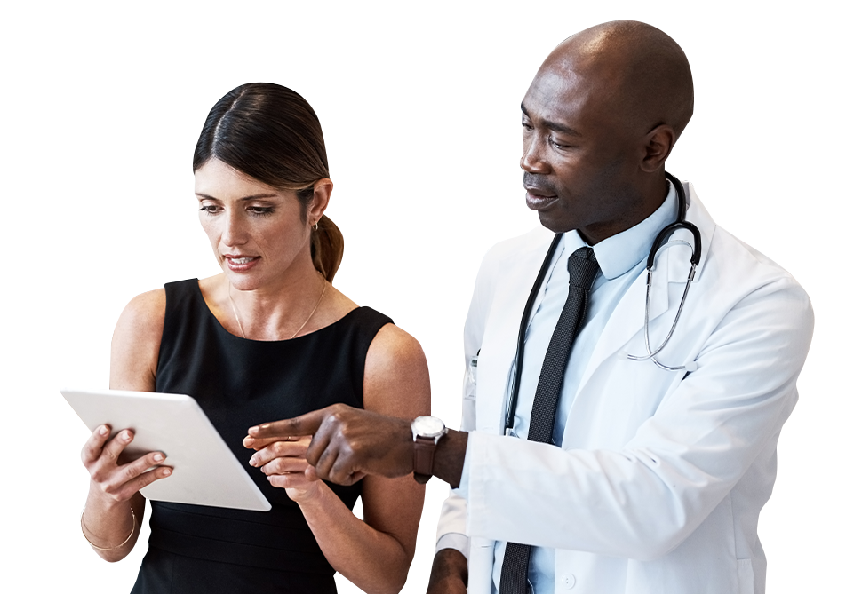 Business woman and male physician pointing at table computer