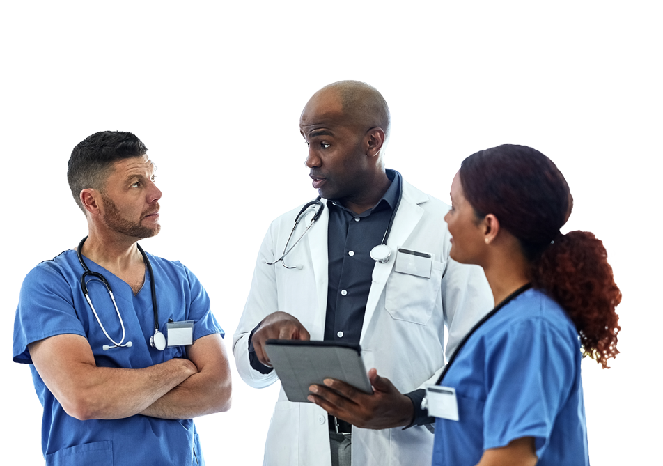 Male physician speaking with male and female nurses