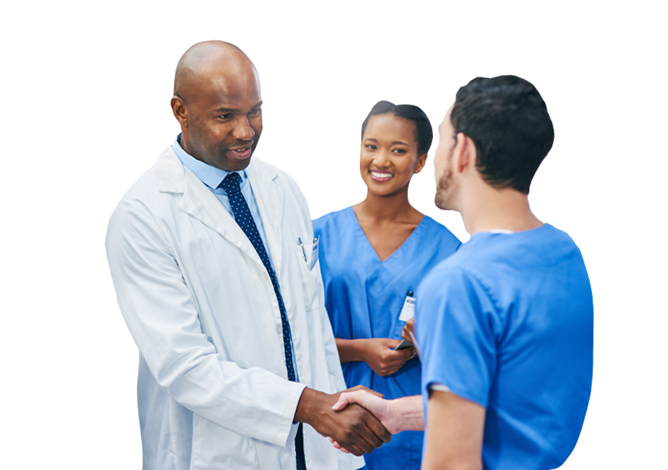 Male physician shaking nurses' hands