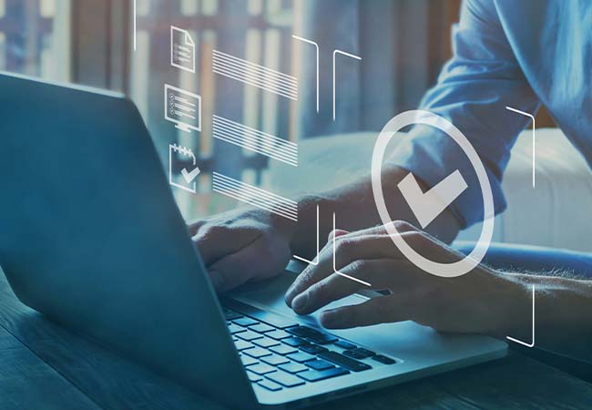 Business man typing on laptop with digital overlay