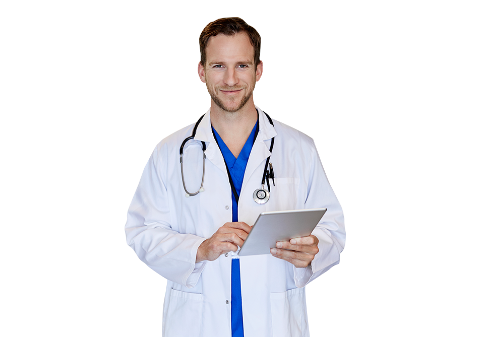 Male physician holding tablet computer