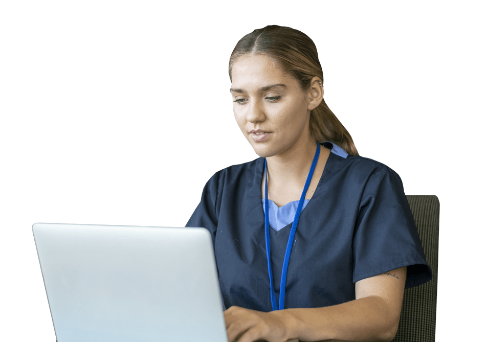 female medical professional working on laptop